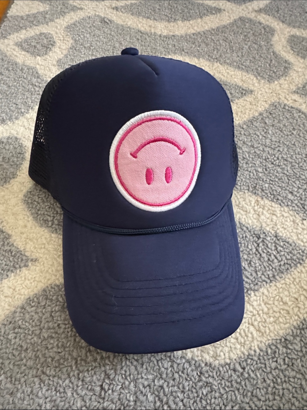 Packed Party Navy Trucker Hat with Pink Smiley Patch